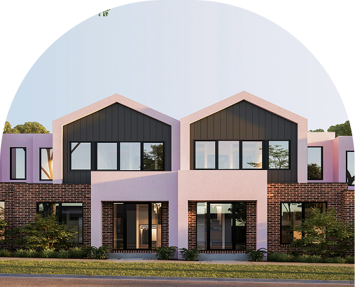 Modern duplex with geometric roofs, large windows, and a combination of black, brick, and pink facades; surrounded by green shrubs.