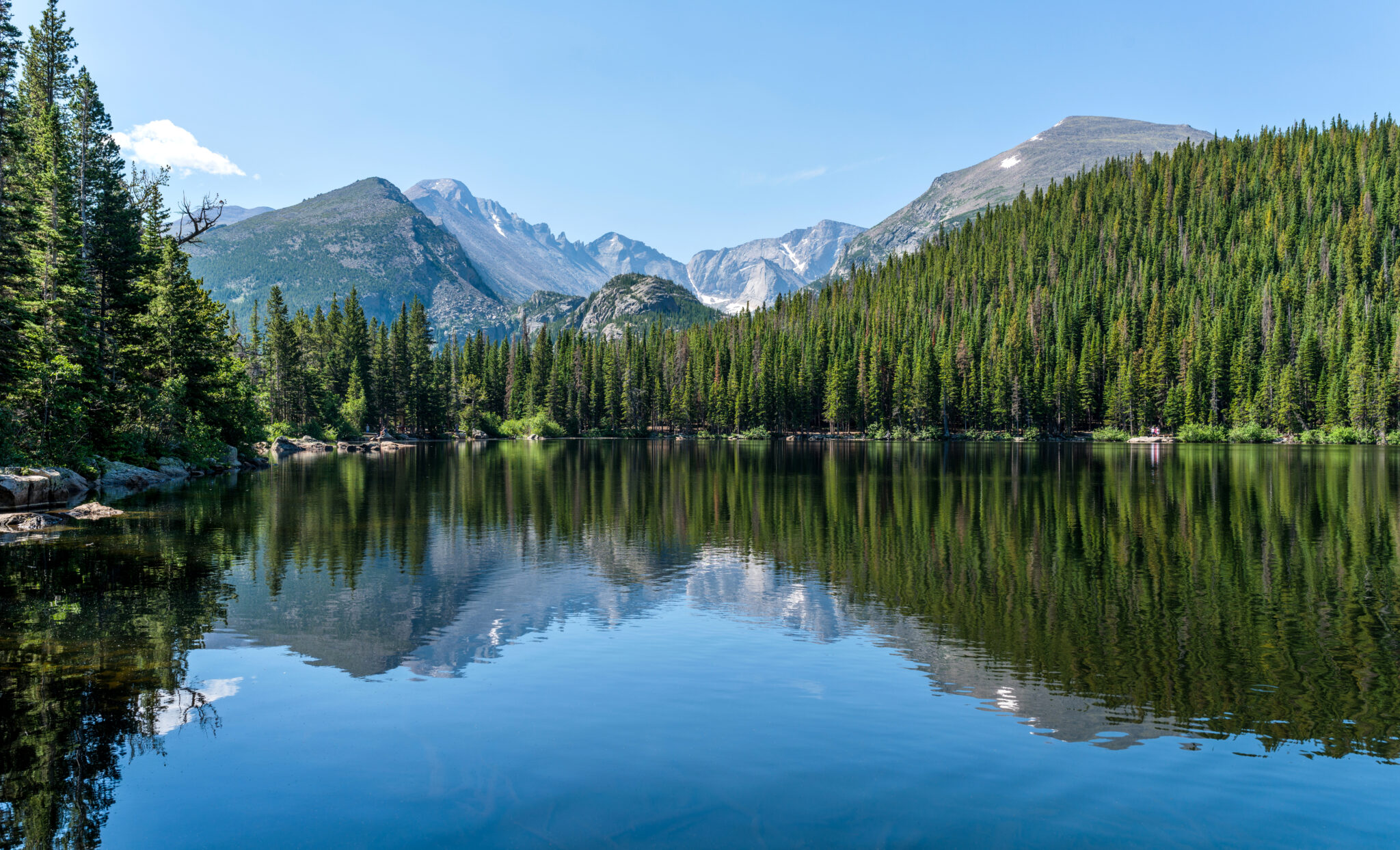 Longs Peak at Bear Lake - Longs Peak and Glacier Gorge reflecting in blue Bear Lake on a calm Summer morning, Rocky Mountain National Park, Colorado, USA. Longs Peak and Glacier Gorge reflecting in blue Bear Lake on a calm Summer morning, Rocky Mountain National Park, Colorado, USA.